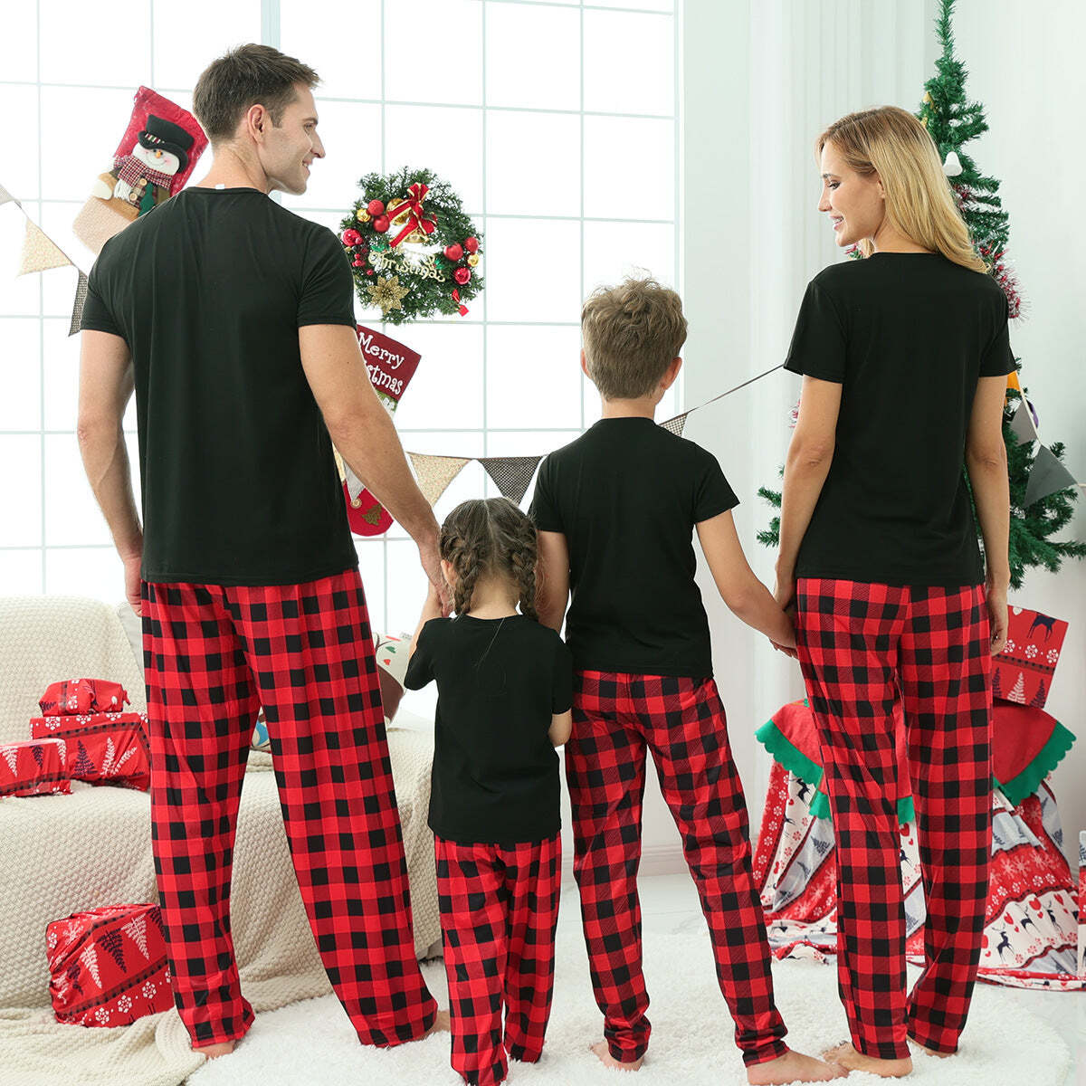 Red Plaid Short Sleeves Family Matching Pajamas Set