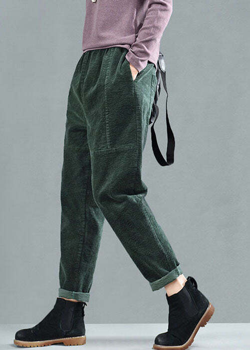 Fashion Green Elastic Waist Patchwork Corduroy Harem Pants Fall