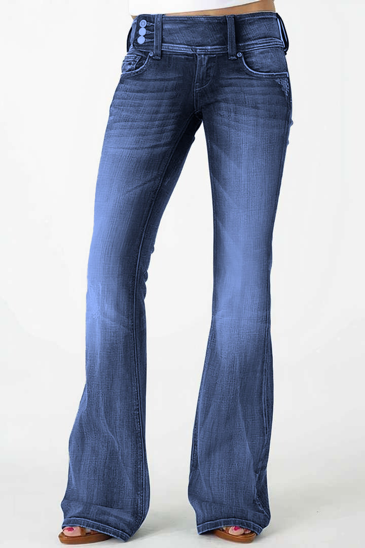 Vintage Button Side Design Mid Waist Flare Jeans