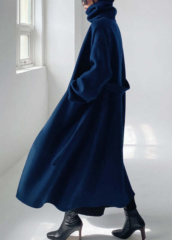 Blue Notched Tie Waist Woolen Coats Long Sleeve
