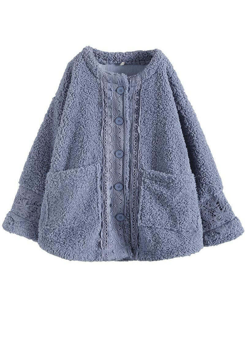 Women Light Blue O-Neck Oversized Lace Patchwork Teddy Faux Fur Coats Winter