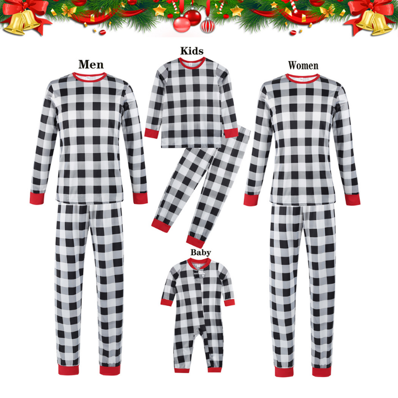 Christmas Black and White Plaid Round Collar Fmalily Matching Pajamas Set