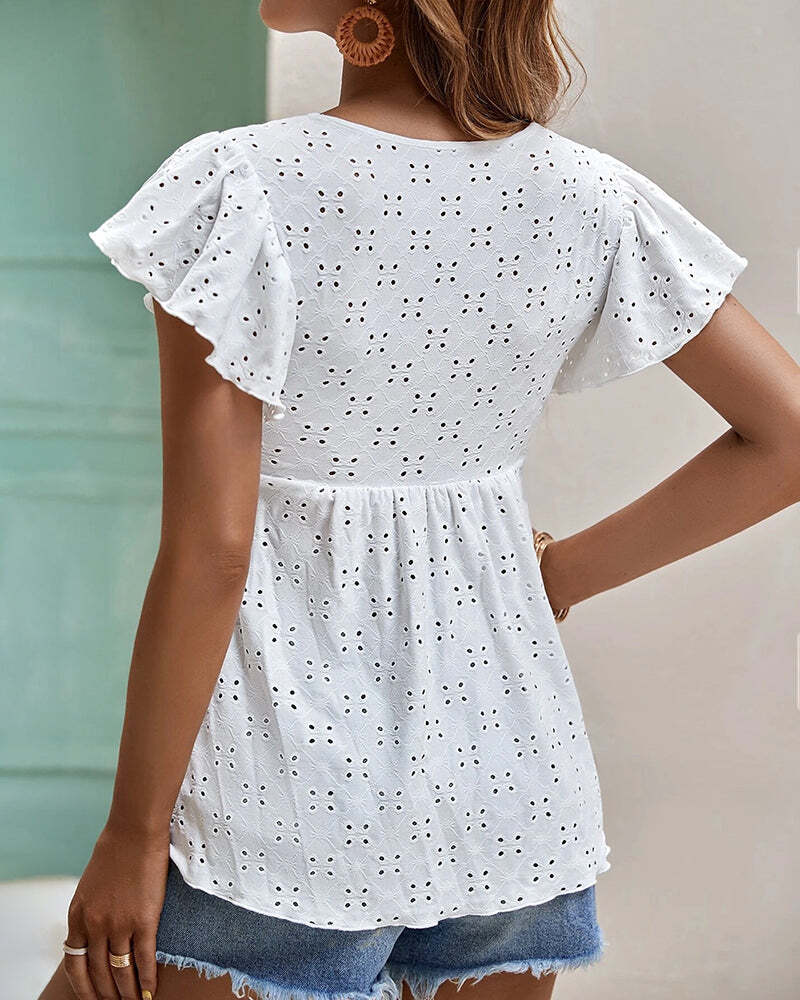 Eyelet Tie-Neck Flutter-Sleeve Top Solid Color Casual Blouse