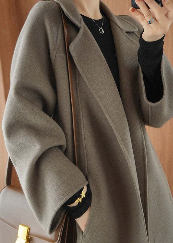 Loose Grey Coffee Colour Notched Tie Waist Woolen Long Coats Fall