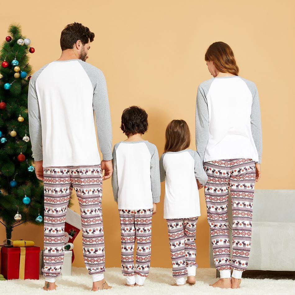 Merry Christmas Reindeer Print Top and Patterned Pants Family Matching Pajamas Set