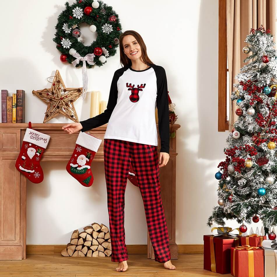 Christmas Plaid Deer Print Family Matching Pajamas Sets(with Pet Dog Clothes)