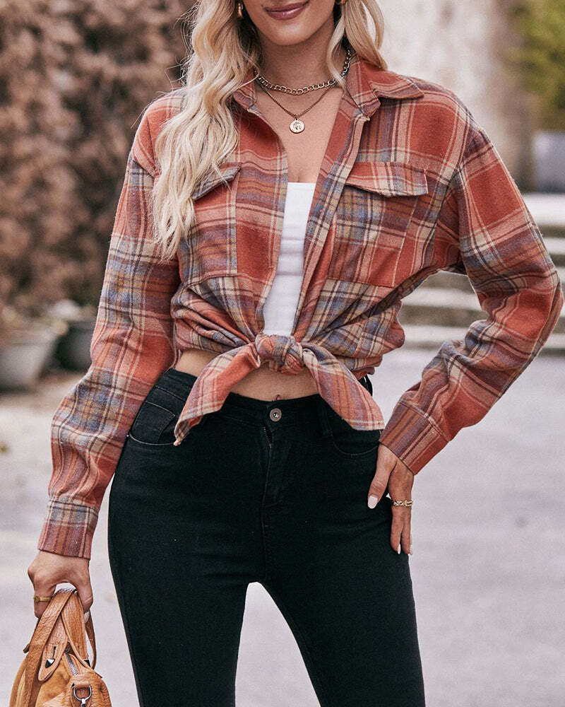 Loose Fit Plaid Shirt Casual Long Sleeve Lapel Collar Button Tunic Tops