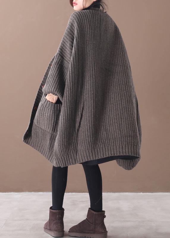 Stylish Chocolate Pockets Button Loose Fall Knitted Coat