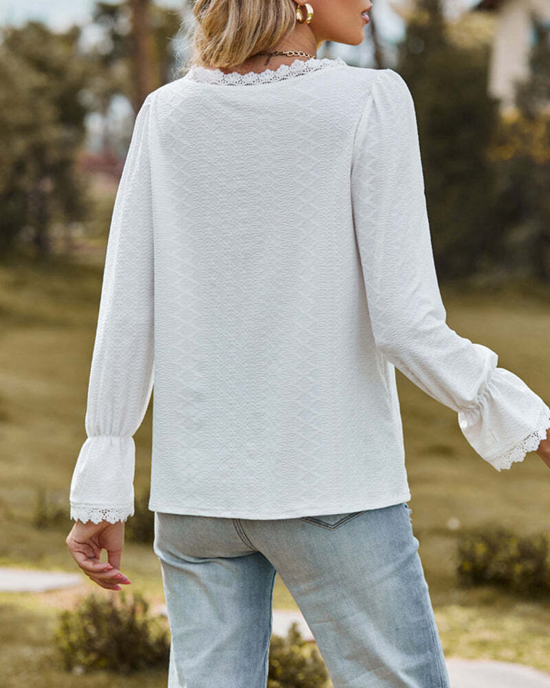 Crochet Lace Basic V-Neck Shirts Elegant Long Sleeve Tunic Blouse Tops