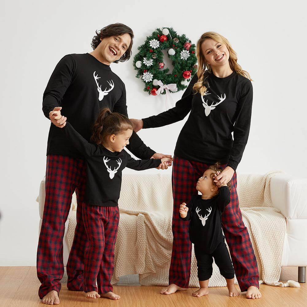 Christmas Plaid Antler Print Family Matching Pajamas Sets