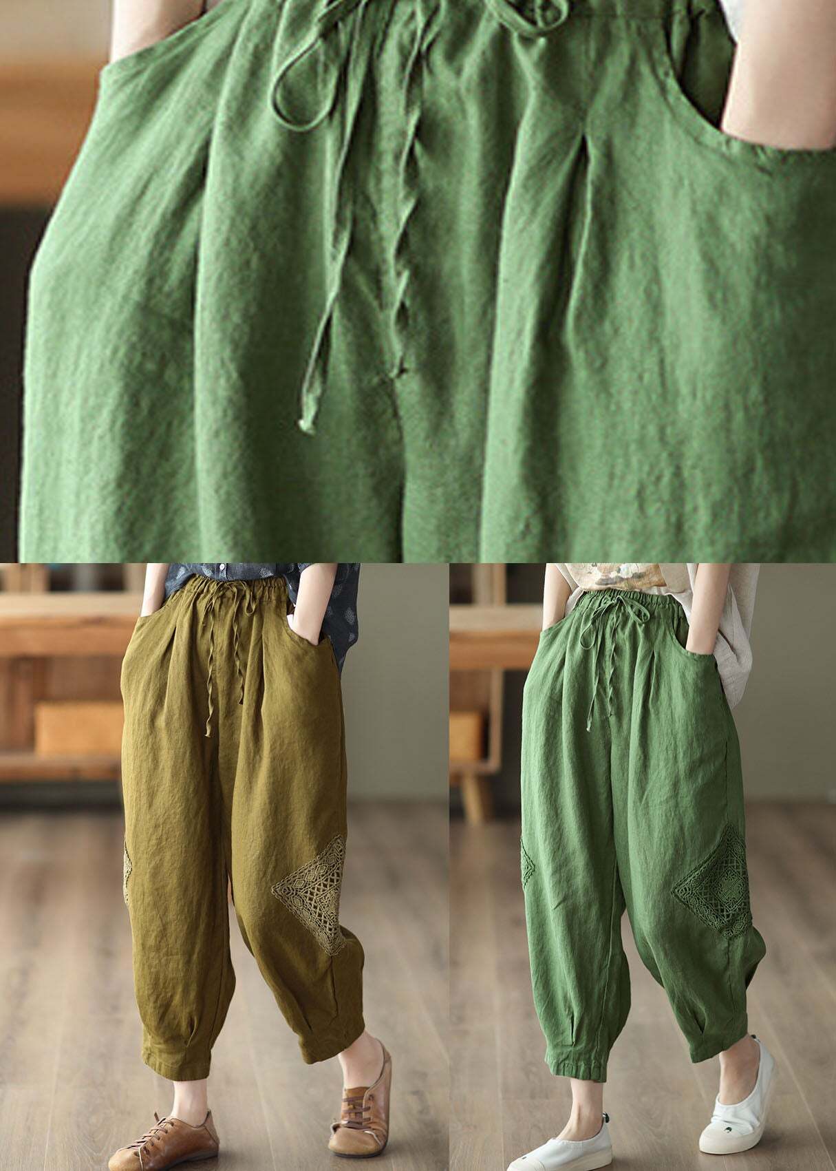 Khaki Lace Patchwork Linen Crop Pants Elastic Waist Solid Fall
