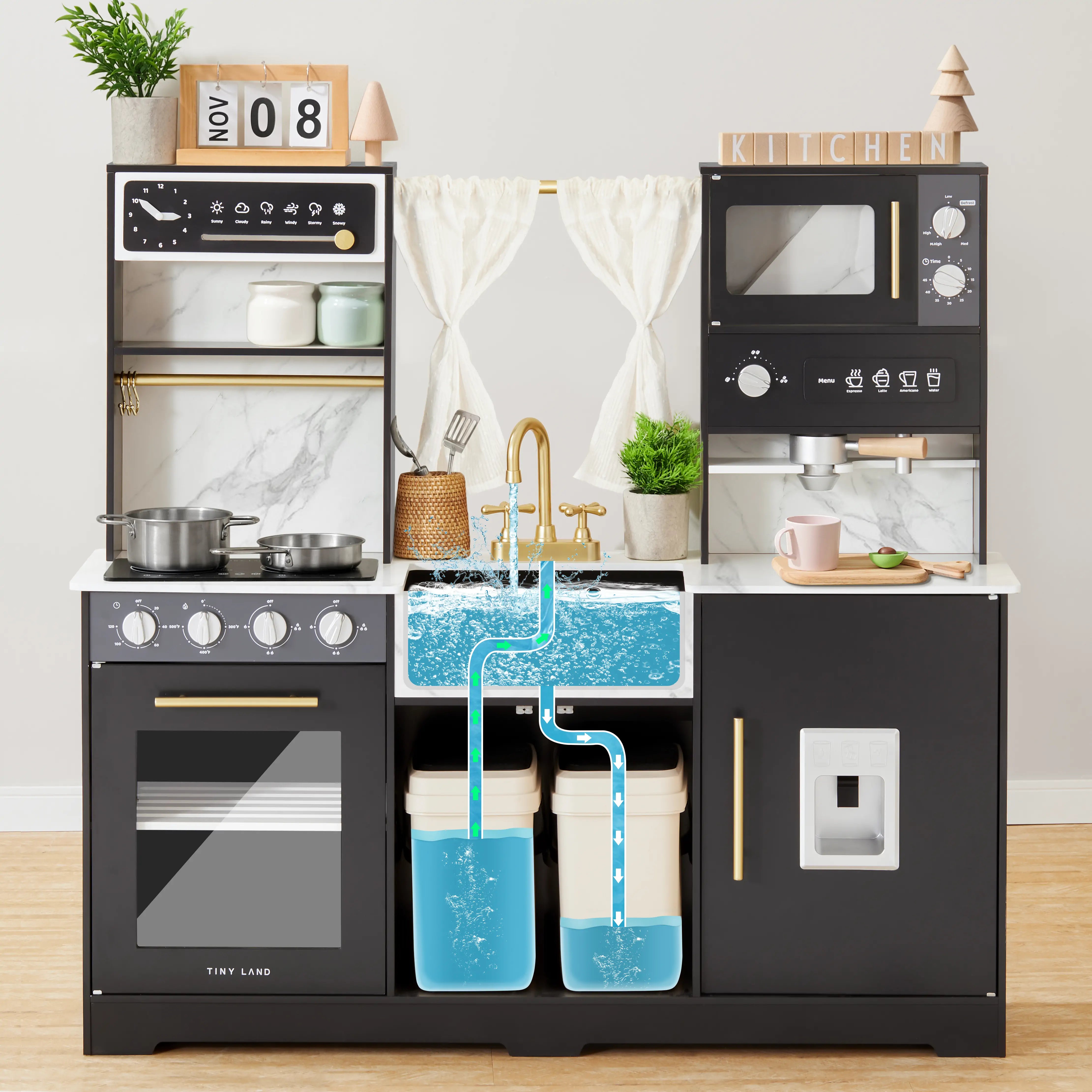 Tiny Land® Black Trendy Play Kitchen with RealFlow Water System QVC