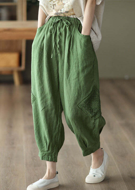 Style Green Elastic Waist Oversized Pockets Linen Harem Pants Fall
