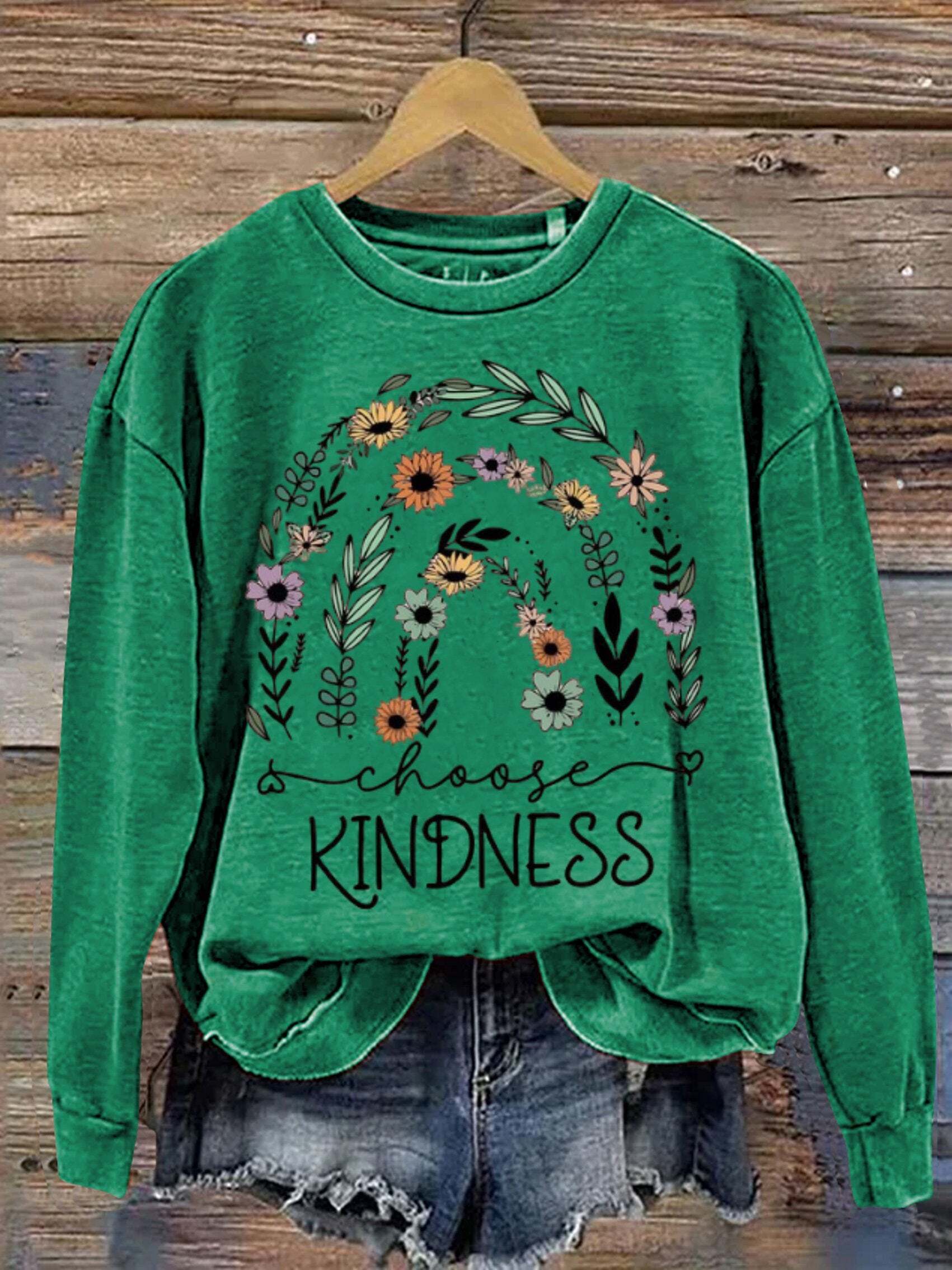 Mental Health Inspirational Flowers Choose Kindness Awareness Round Neck Casual Printed Sweatshirt
