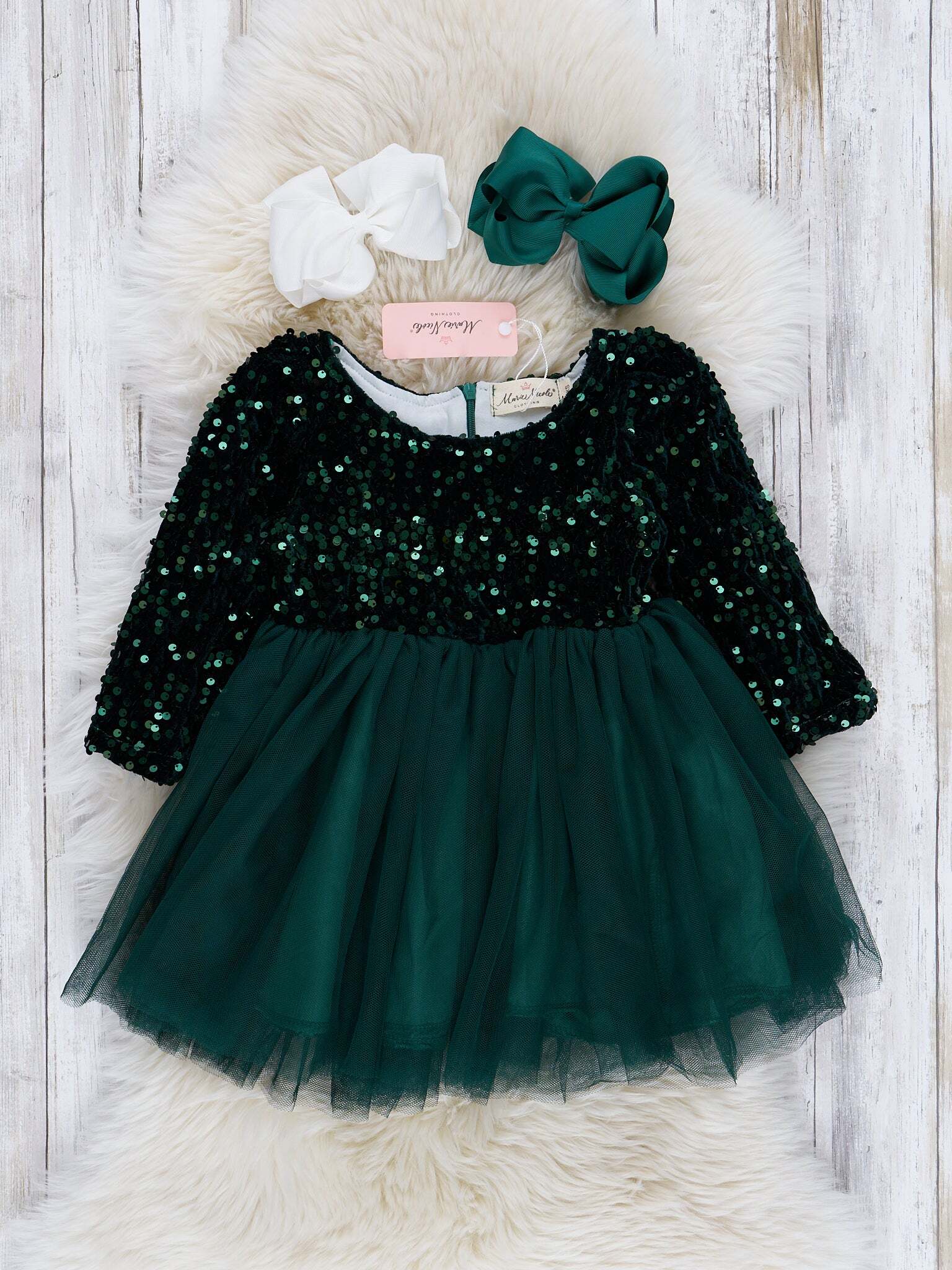 Emerald Sparkle Party Long Sleeve Tulle Dress