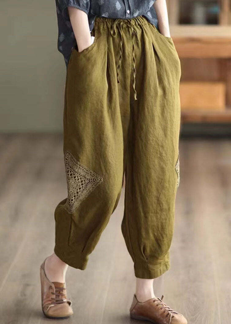Khaki Lace Patchwork Linen Crop Pants Elastic Waist Solid Fall