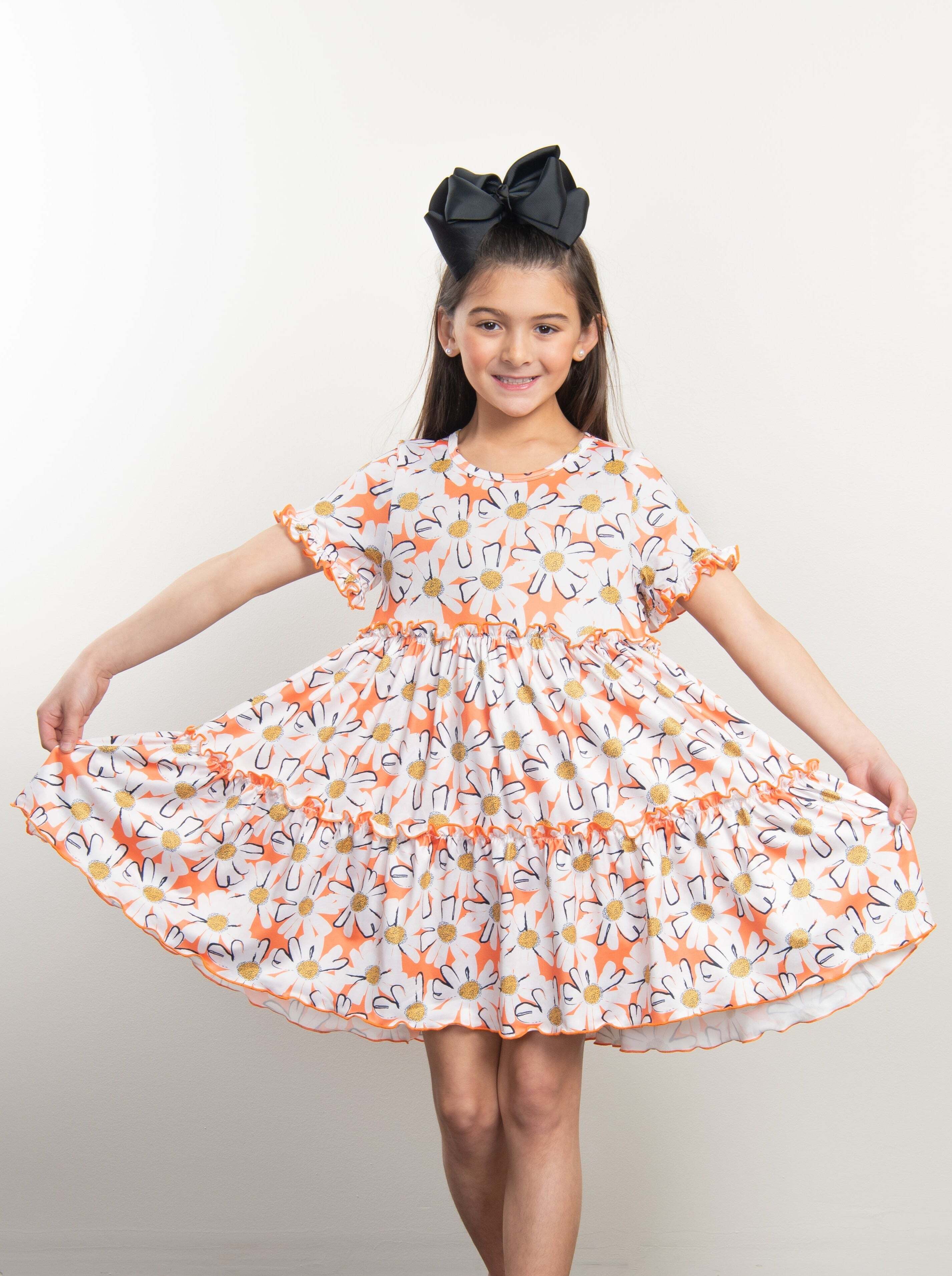 Orange Daisy Tiered Ruffle Dress