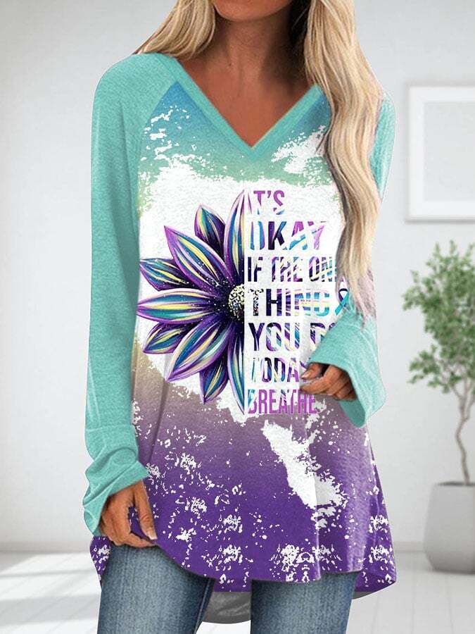 Women's It's Okay If The Only Thing You Do Today Is Breathe Sunflower V-Neck Long Sleeve T-Shirt