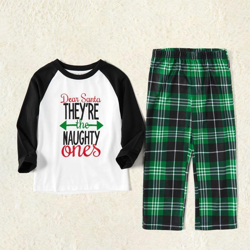 Contrast Top and Green Buffalo Plaid Pants Christmas Family Matching Pajamas Set (with Pet Dog Clothes)