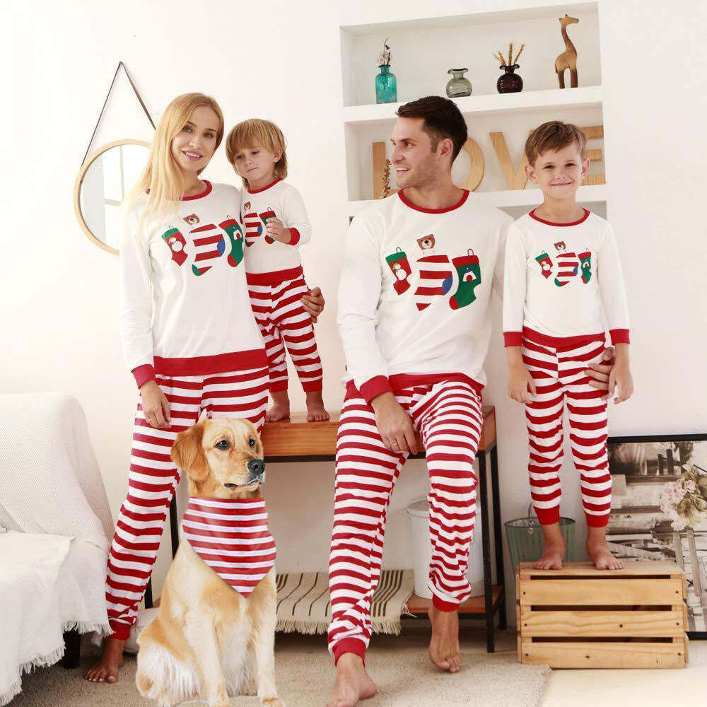 Christmas Sock Print Top and Striped Pants Family Matching Pajamas Set(with Pet Dog Clothes)