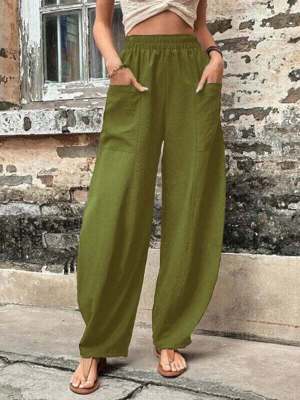 Women's solid color pocket elastic pants