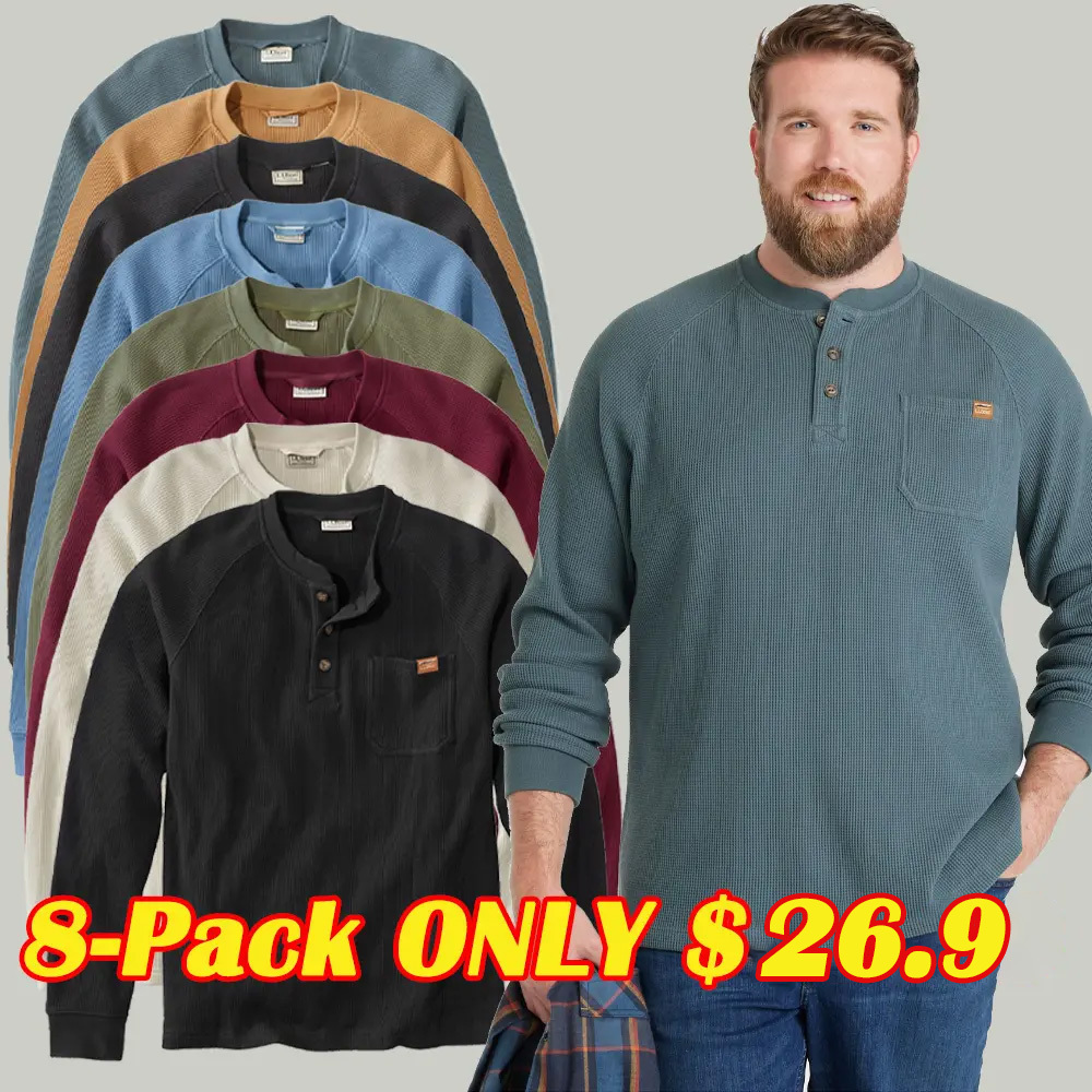 8-Pack Men's Waffle Henley, Traditional Untucked Fit
