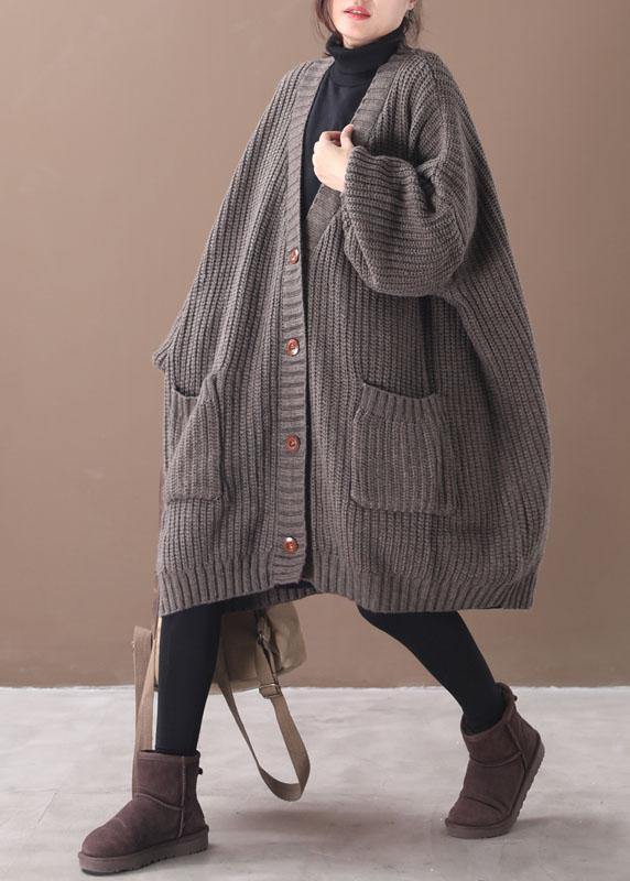 Stylish Chocolate Pockets Button Loose Fall Knitted Coat