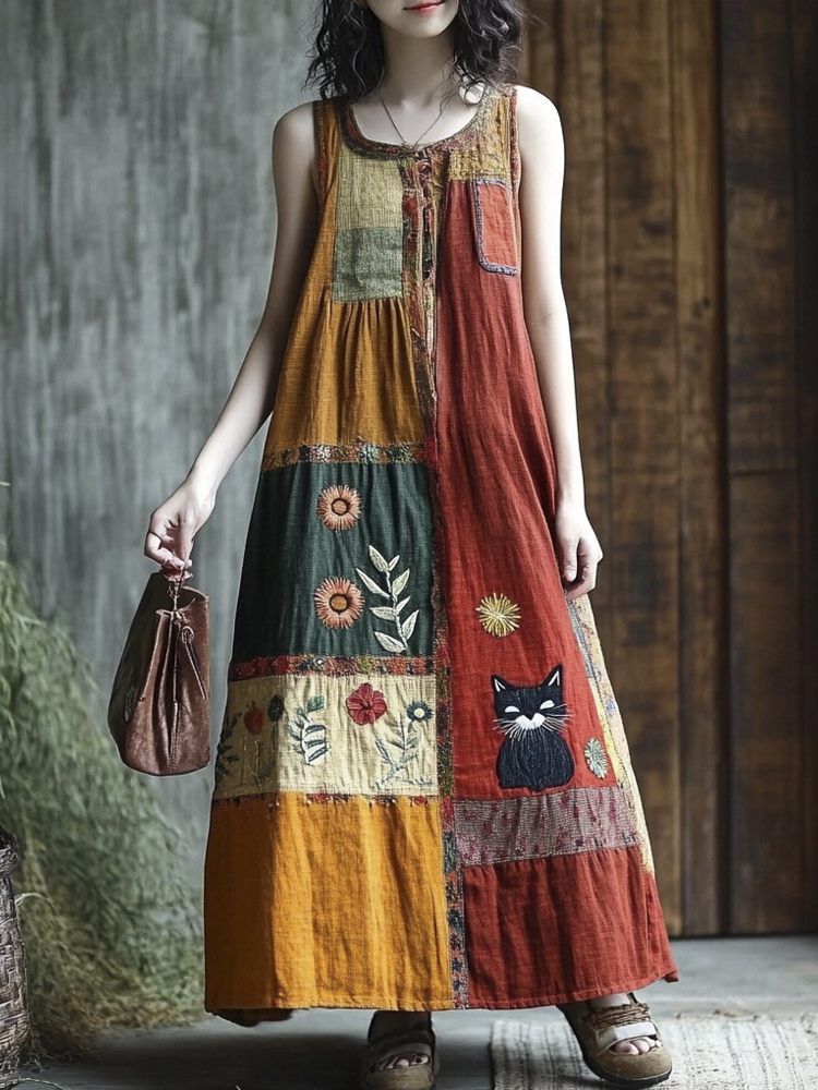 Boho Floral & Cat Patchwork Linen Vest Long Dress