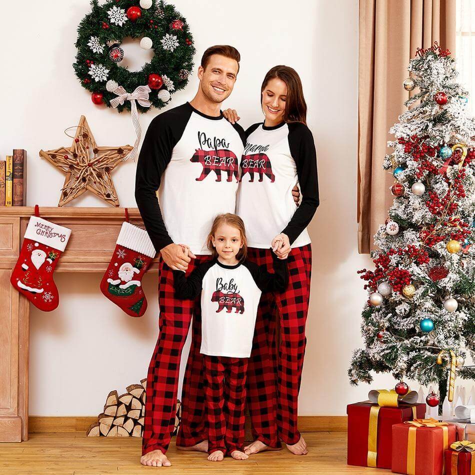 Plaid Papa and Mama Bear Print Family Matching Pajamas set (with Pet Dog Clothes)