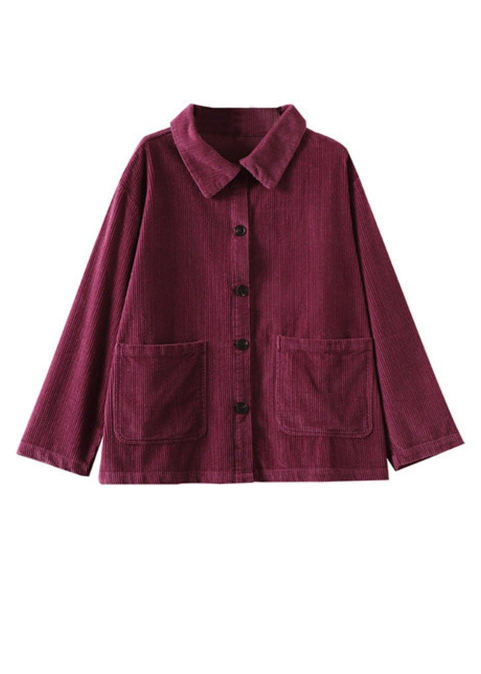 Purple Loose Pockets Shirt Top Long Sleeve Corduroy Coat
