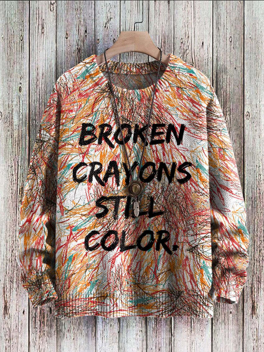 Broken Crayons Still Color Print Casual Knit Pullover Sweater