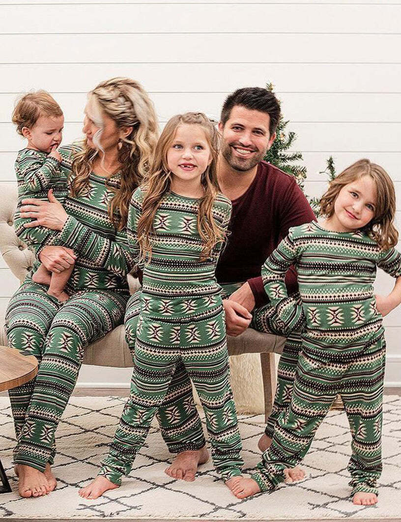 Green Homely Stripe Matching Family Pajamas Set (with Pet's dog clothes)