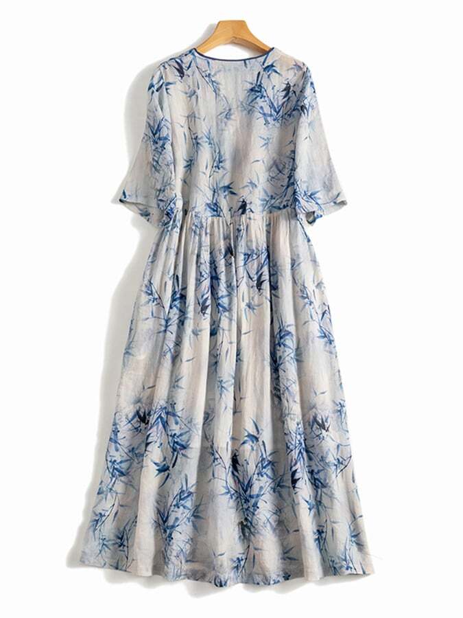 Floral Cotton Linen V-Neck Printed Swing Dress