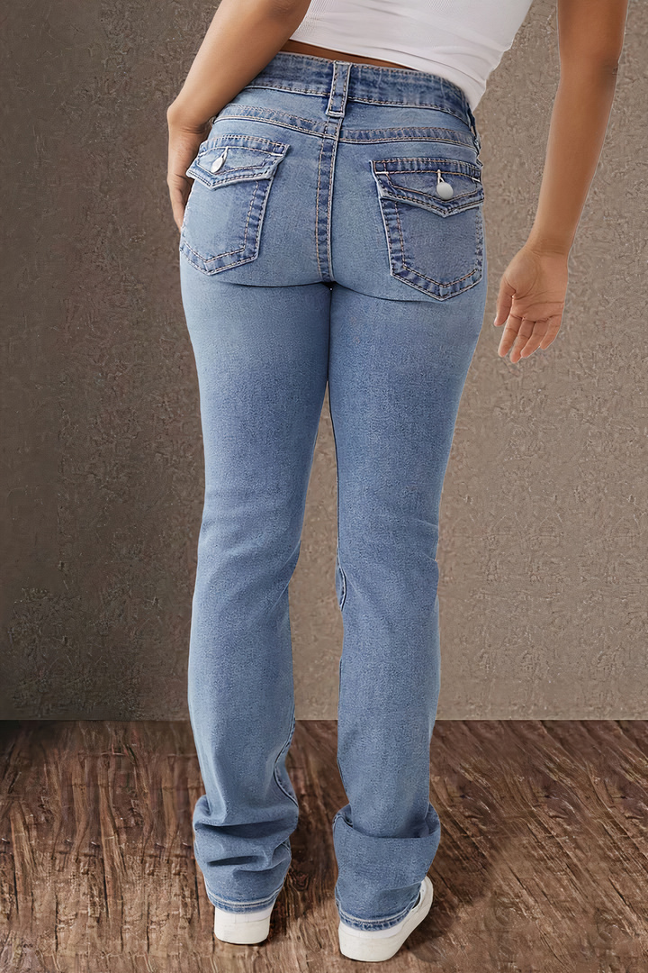 Double Button Mid Waist Straight Leg Jeans