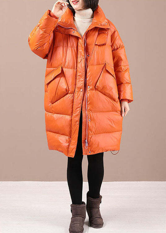 Chic Orange Loose Stand Collar Pockets Winter Duck Down Coats