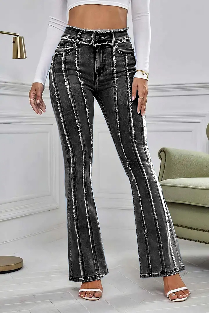 Frayed Detail Mid Waist Flare Jeans