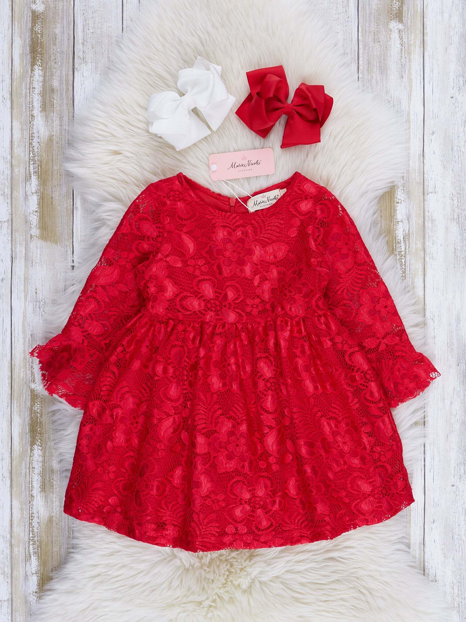 Bright Red Lace Bell Sleeve Dress