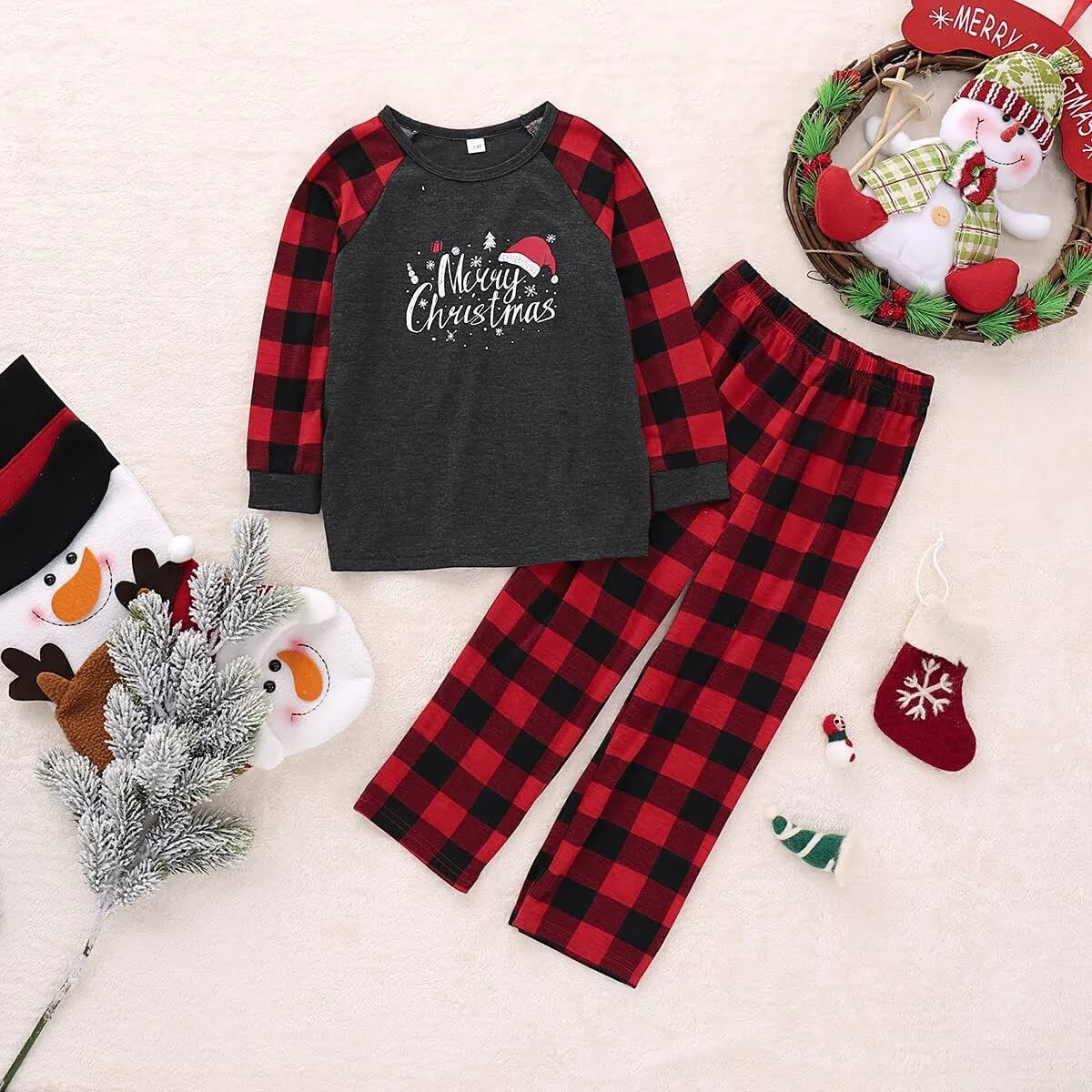 Christmas Hat Print and Buffalo Plaid Family Matching Pajamas Sets