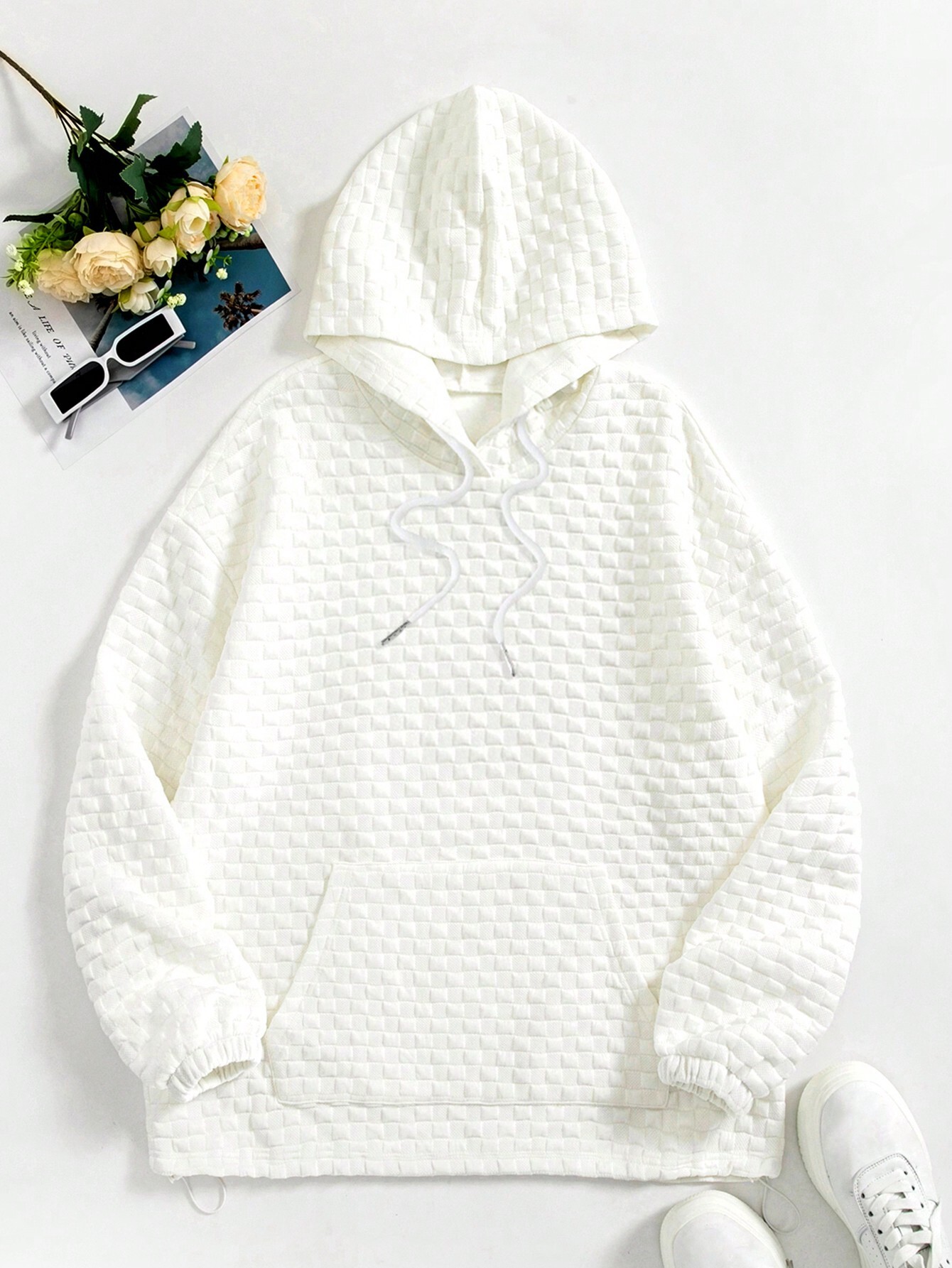 Textured Pocket Drawstring Hoodie