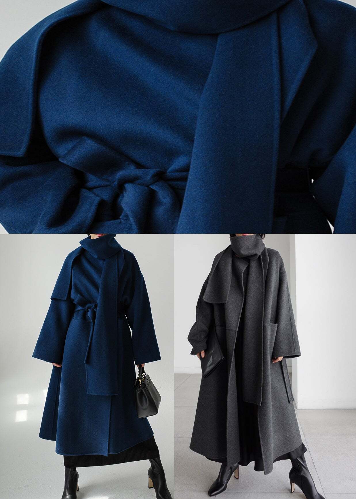 Blue Notched Tie Waist Woolen Coats Long Sleeve