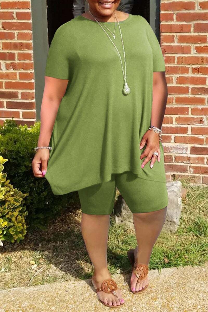 🔥Last Day Crazy Sale🔥Last Day -Plus Size Ruffled Hem Solid Color Top & Shorts