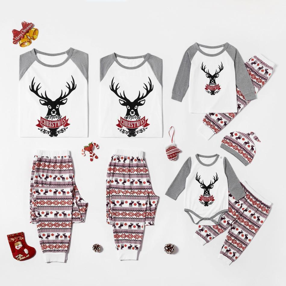 Merry Christmas Reindeer Print Top and Patterned Pants Family Matching Pajamas Set
