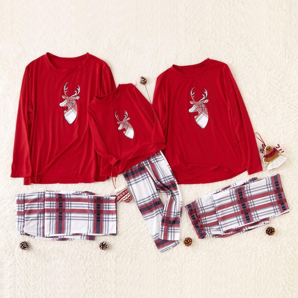Christmas Deer Appliqued Top and Plaid Pants Family Matching Set