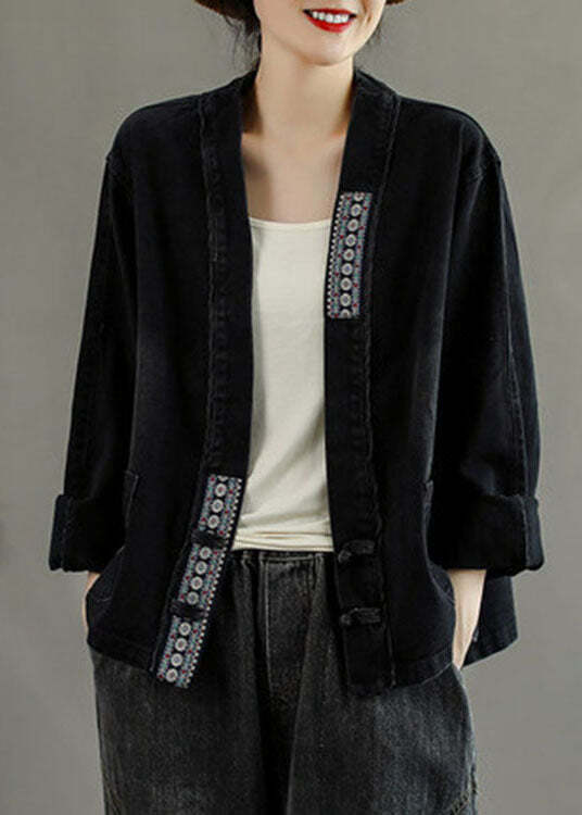Luxury Black Embroideried Pockets Button Patchwork Fall Denim Coat