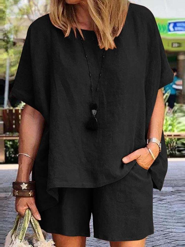 Solid color Elastic waist Suit (Blouse + Pants)