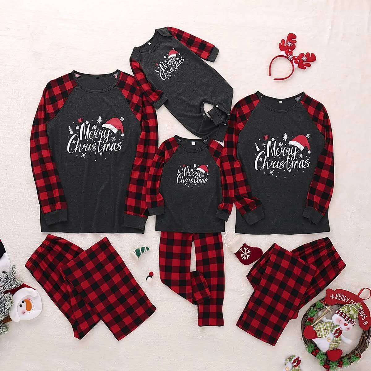 Christmas Hat Print and Buffalo Plaid Family Matching Pajamas Sets