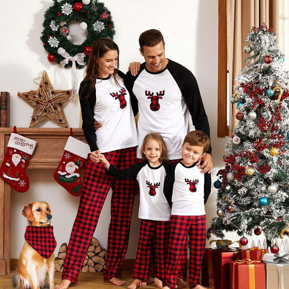 Christmas Plaid Deer Print Family Matching Pajamas Sets(with Pet Dog Clothes)