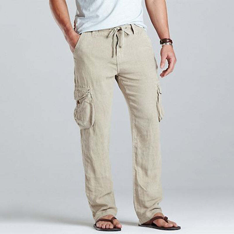 Men Linen Cargo Drawstring Pants Hineres