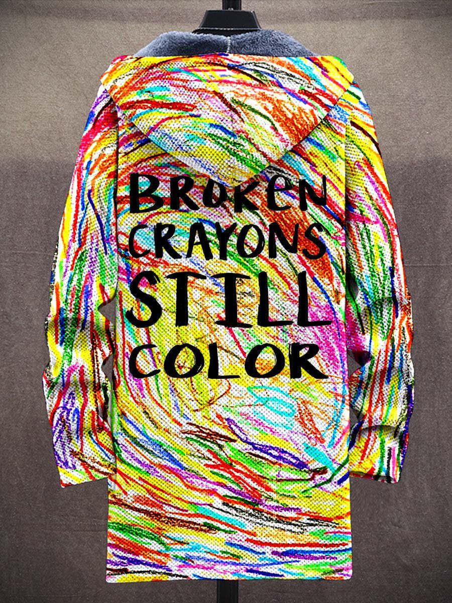 Broken Crayons Still Color Mental Health Motivational Print Unisex Plush Thick Long-Sleeved Sweater Coat Cardigan