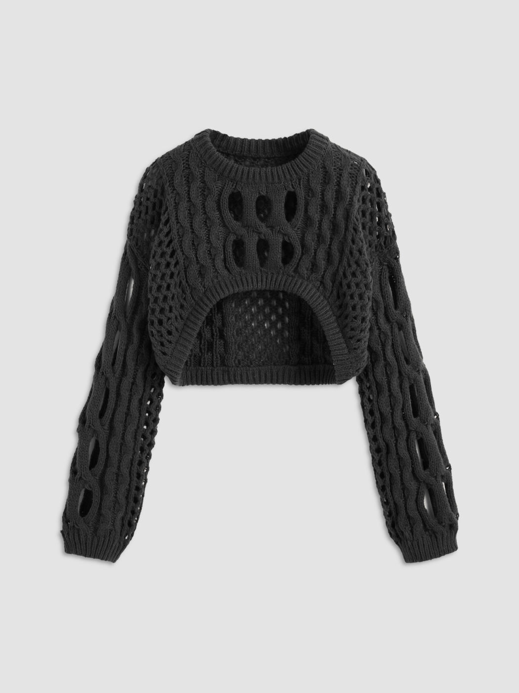 KNIT ROUND NECKLINE HOLLOW OUT LONG SLEEVE CROP TOP